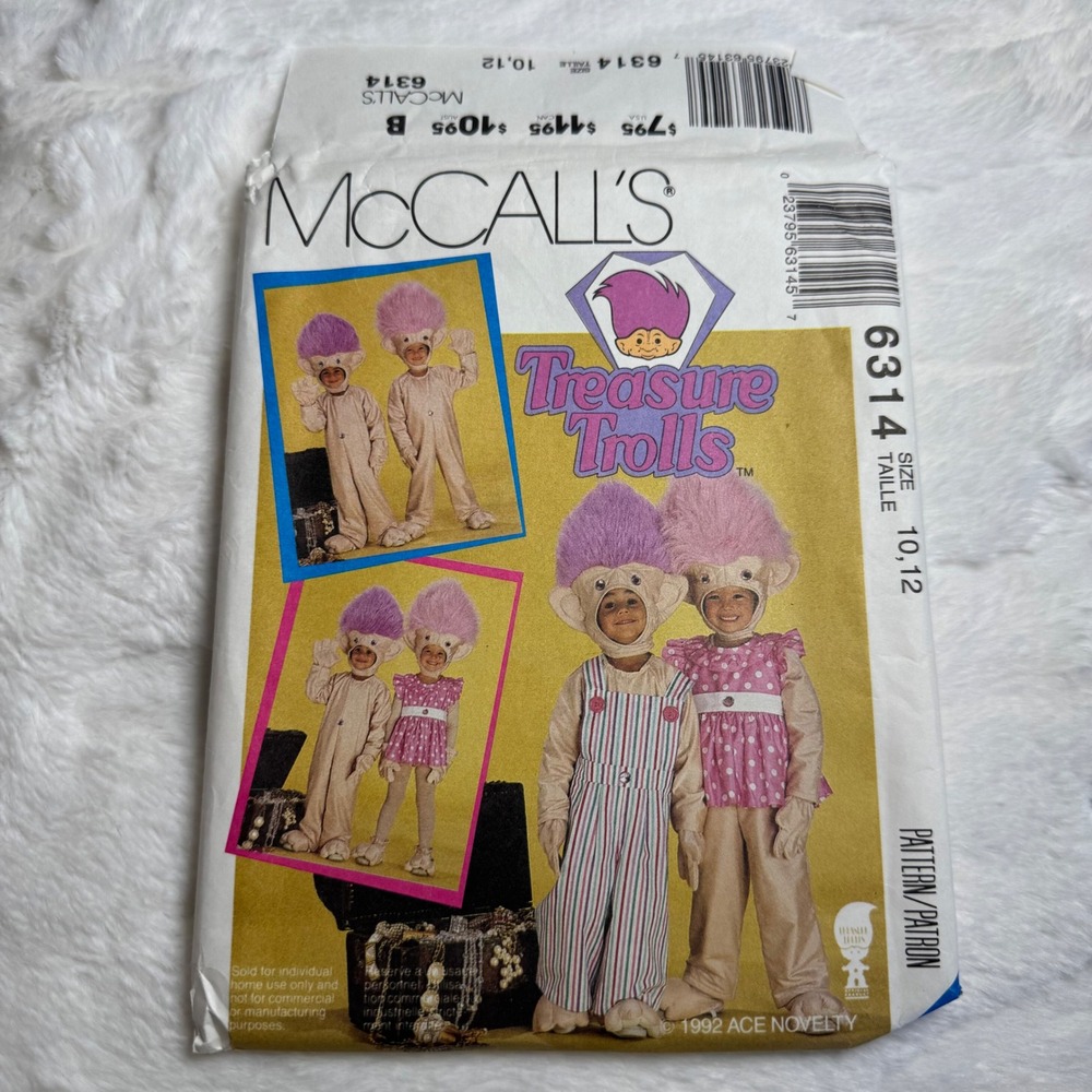 Vintage 1992 McCalls 6314 Treasure Trolls Costume Sewing Pattern Kids Size 10 12